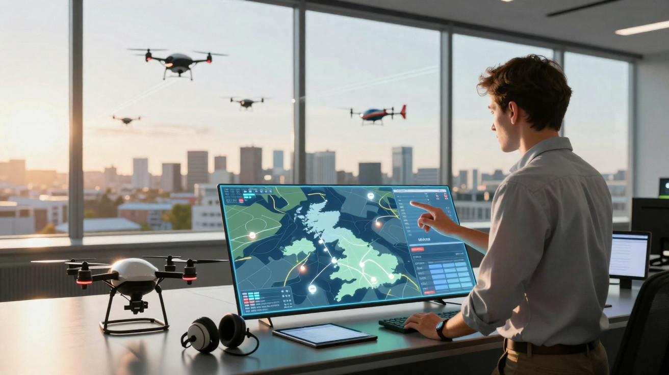 Mann steuert Drohnen am Computer mit Stadtblick, mehrere Drohnen fliegen vor Fenstern im Sonnenuntergang.