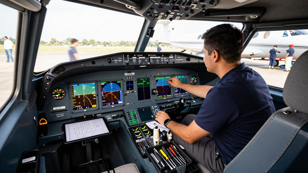 Pilot überprüft Instrumente im Cockpit eines modernen Flugzeugs auf dem Rollfeld.