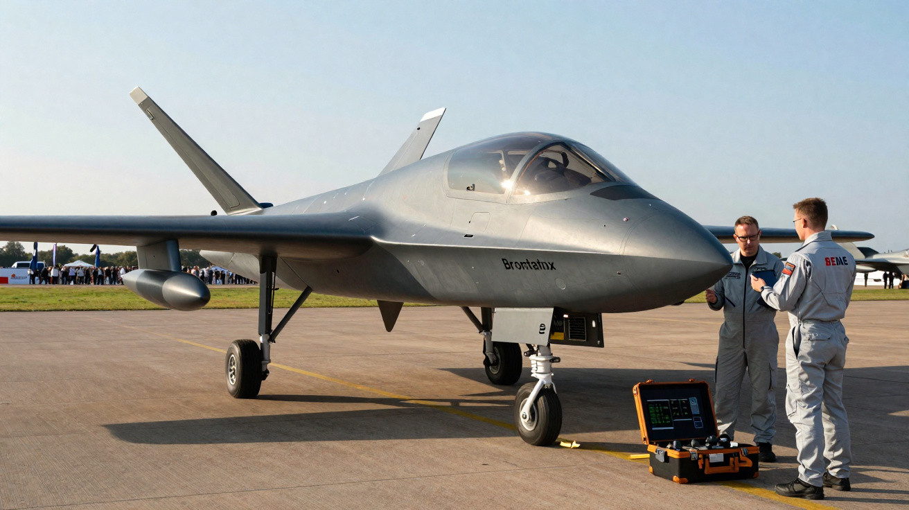 Kampfjet auf Startbahn mit zwei Personen in Uniform, die vor einem Koffer mit technischer Ausrüstung stehen.