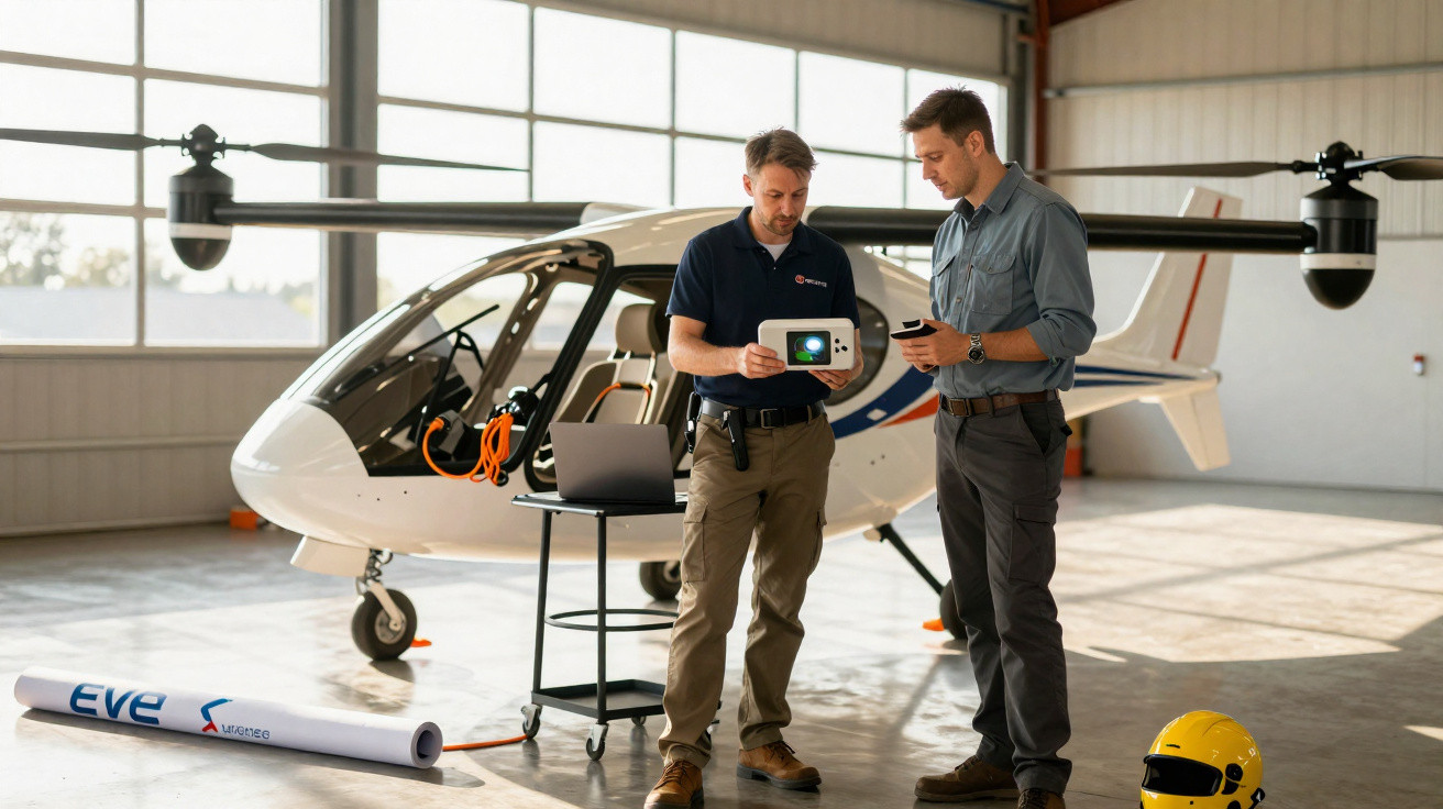 Zwei Männer im Hangar besprechen technische Daten vor einem weißen Hubschrauber mit Laptop und Helm.