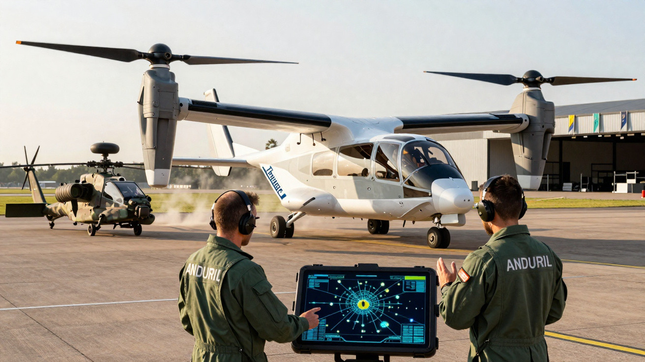 Zwei Soldaten mit Headsets vor einem Monitor steuern einen weißen Kippflügel-Drohnenhubschrauber auf einem Flugfeld.