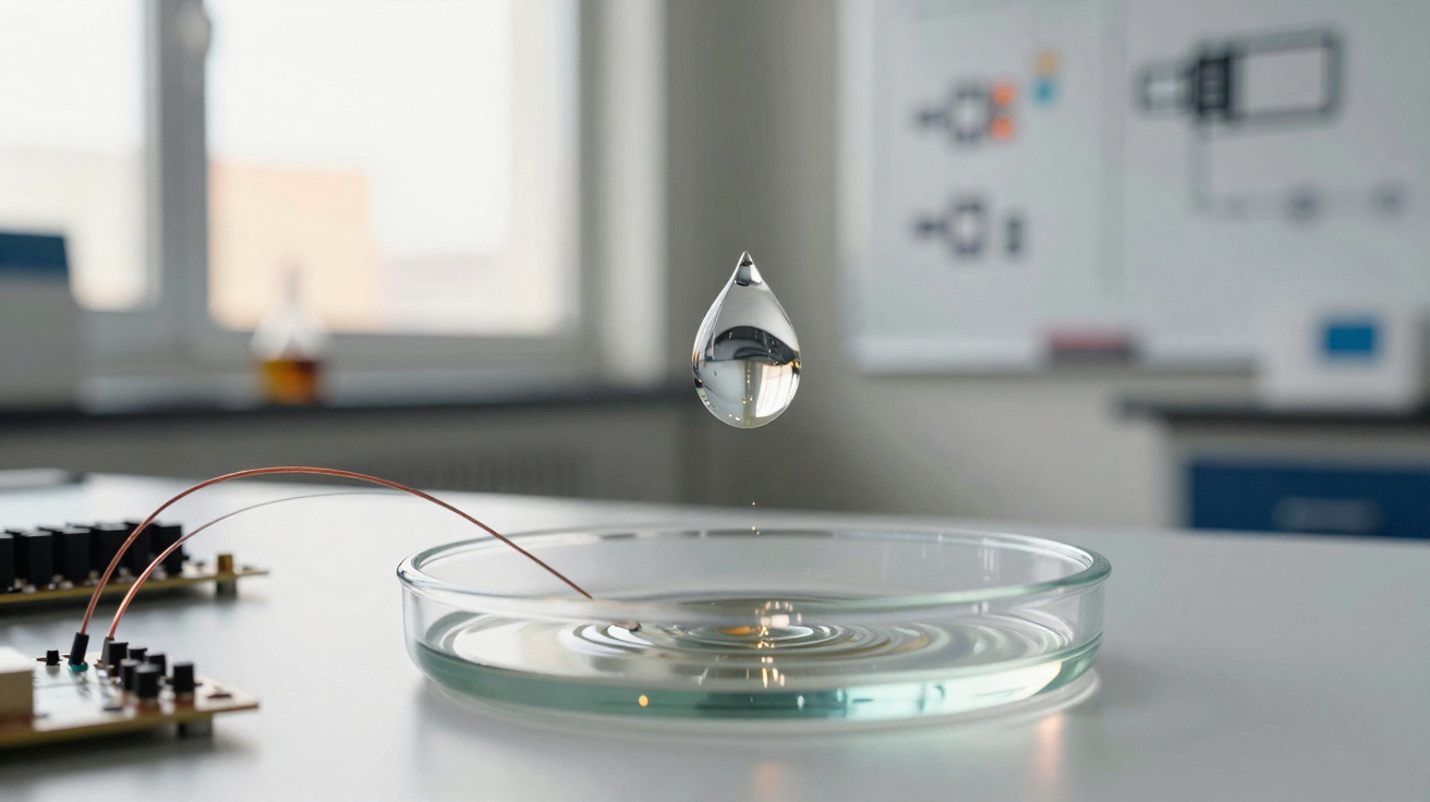 Wassertropfen kurz vor dem Aufprall auf eine mit Wasser gefüllte Glas-Schale in einem Labor.