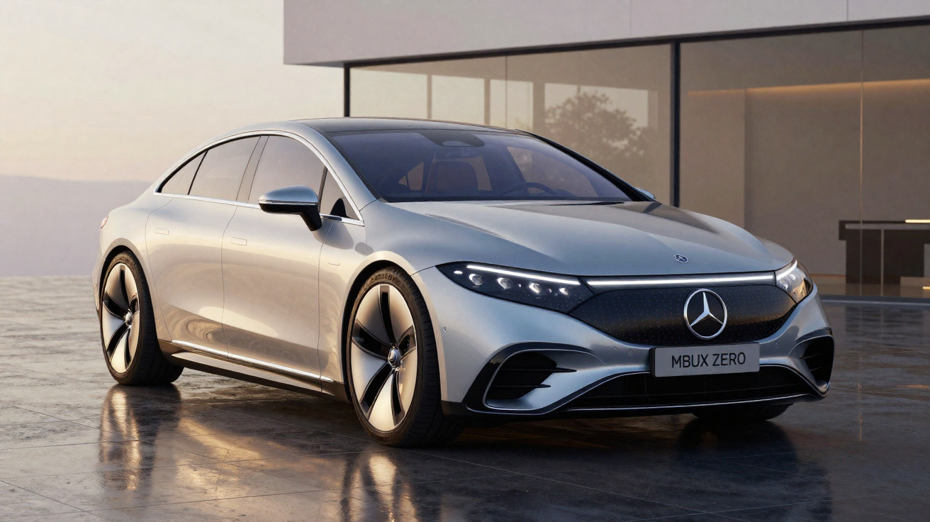 Silberner Mercedes-Benz Elektroauto MBUX ZERO vor modernem Glasgebäude bei Sonnenuntergang.