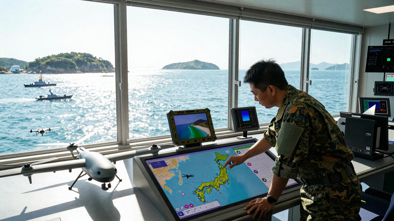 Soldat beobachtet und steuert Drohne auf Schiff mit Sicht auf Meer und Inseln über interaktive Karte.
