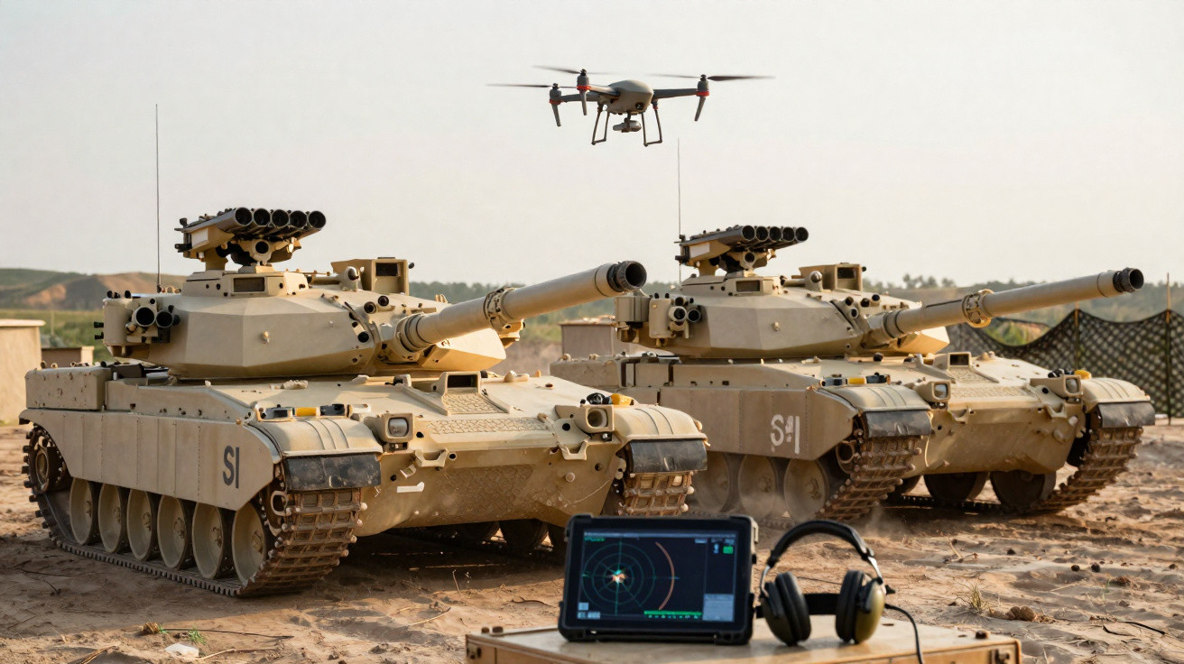 Zwei sandfarbene Panzer mit einer Drohne in der Luft und einem Tablet mit Radaranzeige auf sandigem Gelände.