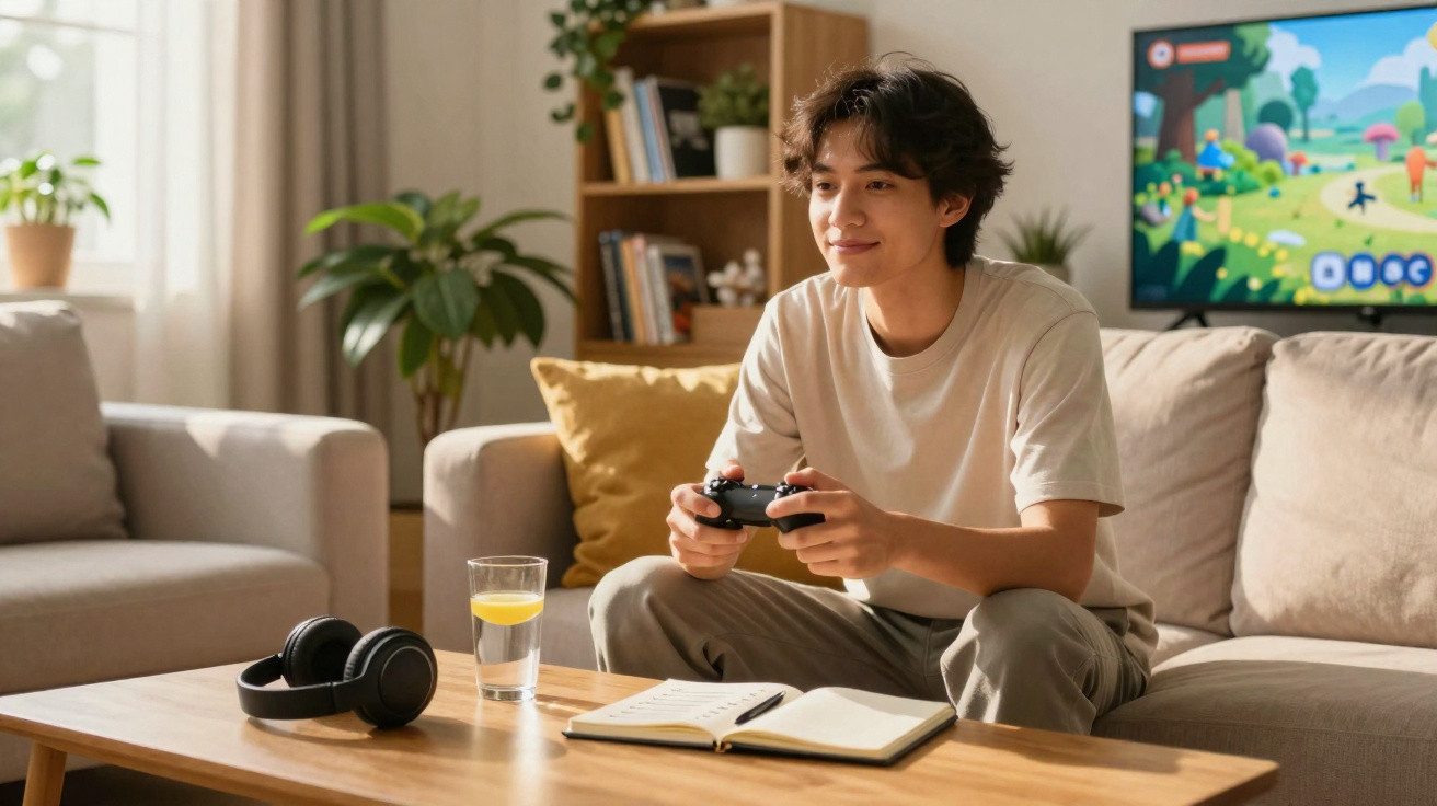 Junger Mann spielt Videospiel mit Controller auf dem Sofa, im Wohnzimmer mit Bücherregal und Fernseher.