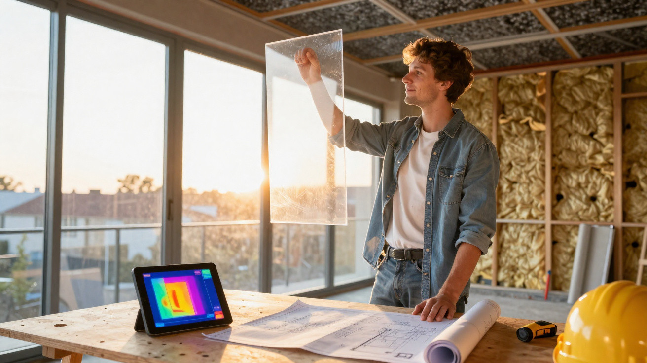 Junger Mann untersucht im Sonnenlicht eine transparente Platte im Raum mit Bauplänen und Tablet auf dem Tisch.