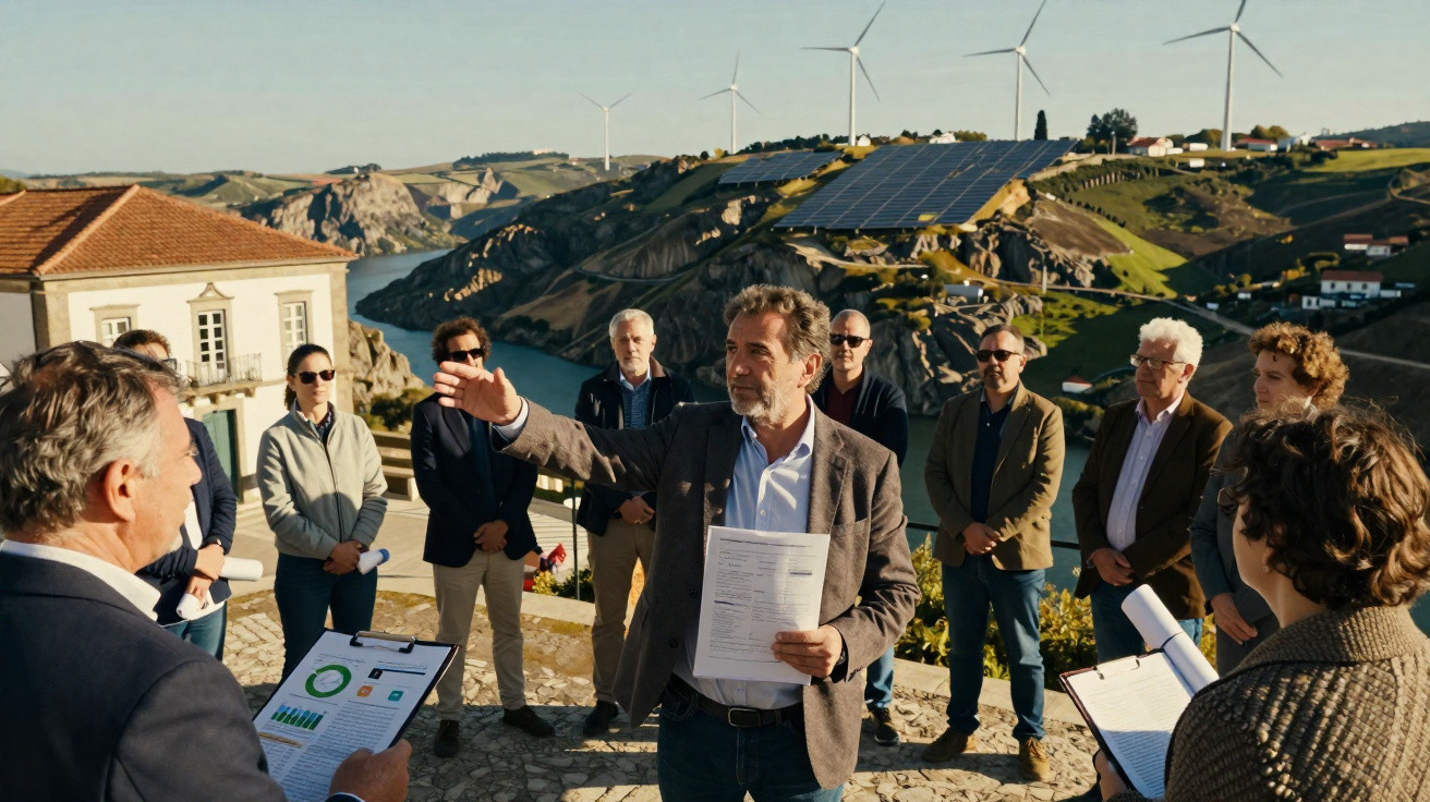 Gruppe Menschen bei Besprechung im Freien, im Hintergrund Windräder und Solarpaneele auf Hügeln.