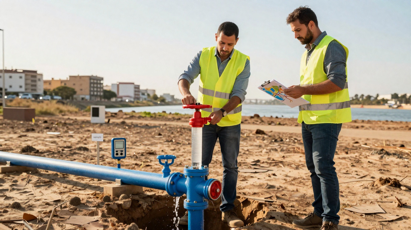 Zwei Ingenieure in Warnwesten überprüfen Wasserversorgungsanlage mit blauen Rohren an einem Baustandort.