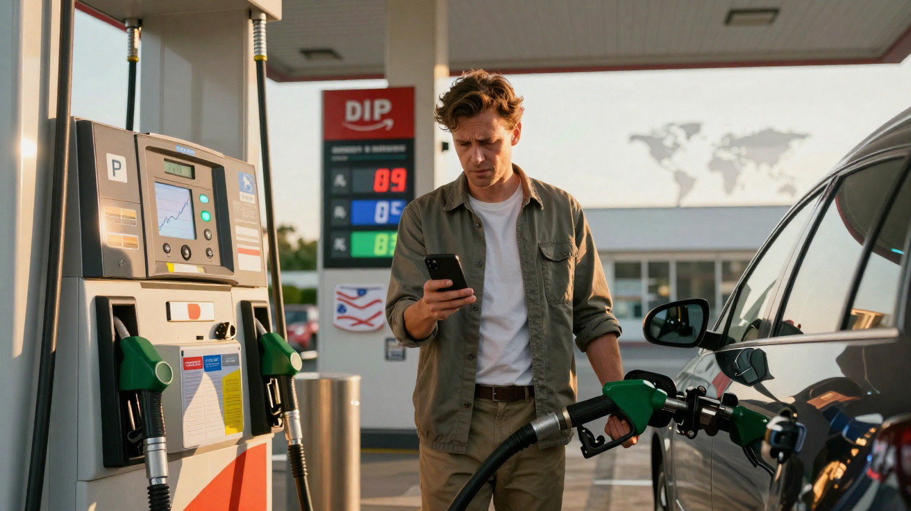 Mann tankt Auto an Zapfsäule und schaut auf sein Smartphone an einer Tankstelle bei Sonnenuntergang.