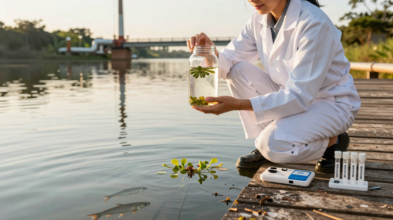 Wissenschaftlerin in weißem Kittel entnimmt Wasserprobe von Seeufer für Umweltanalyse bei Sonnenuntergang.