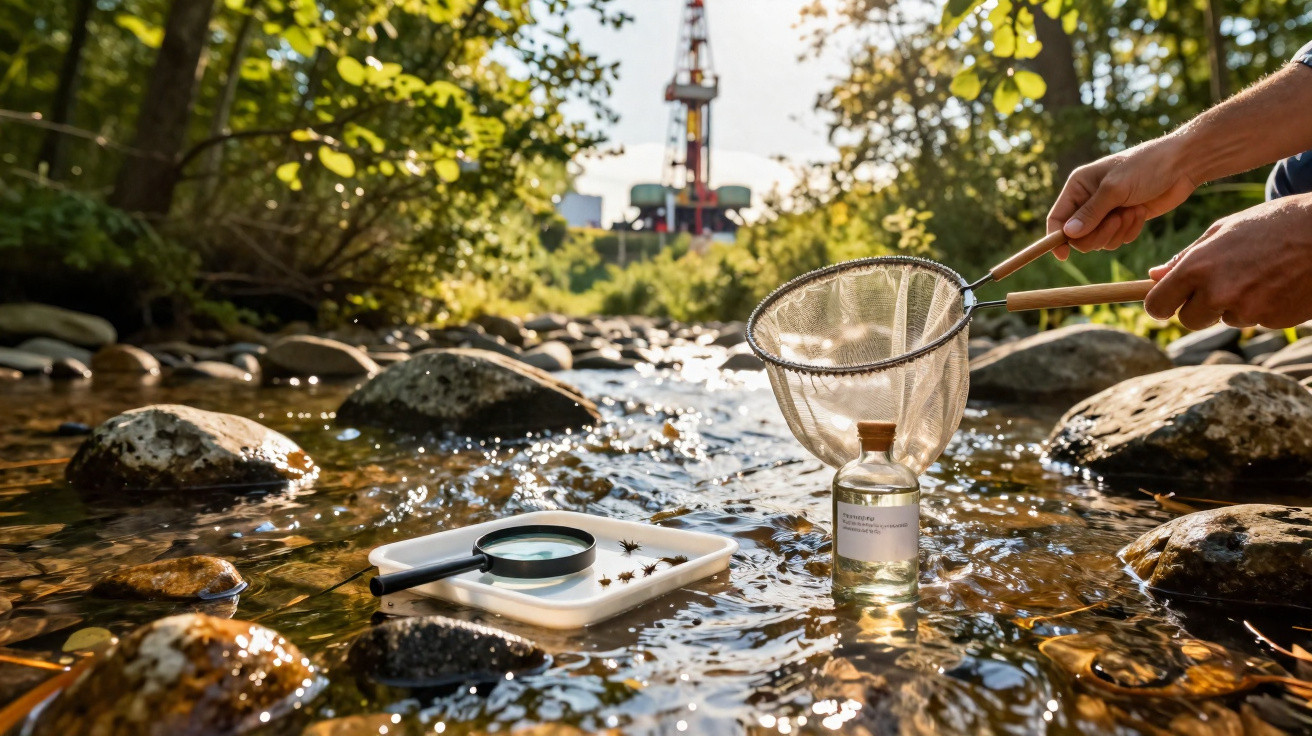 Untersuchung von Wasserproben in einem Fluss mit Sieb, Lupe und Reagenzglas bei sonnigem Wetter.