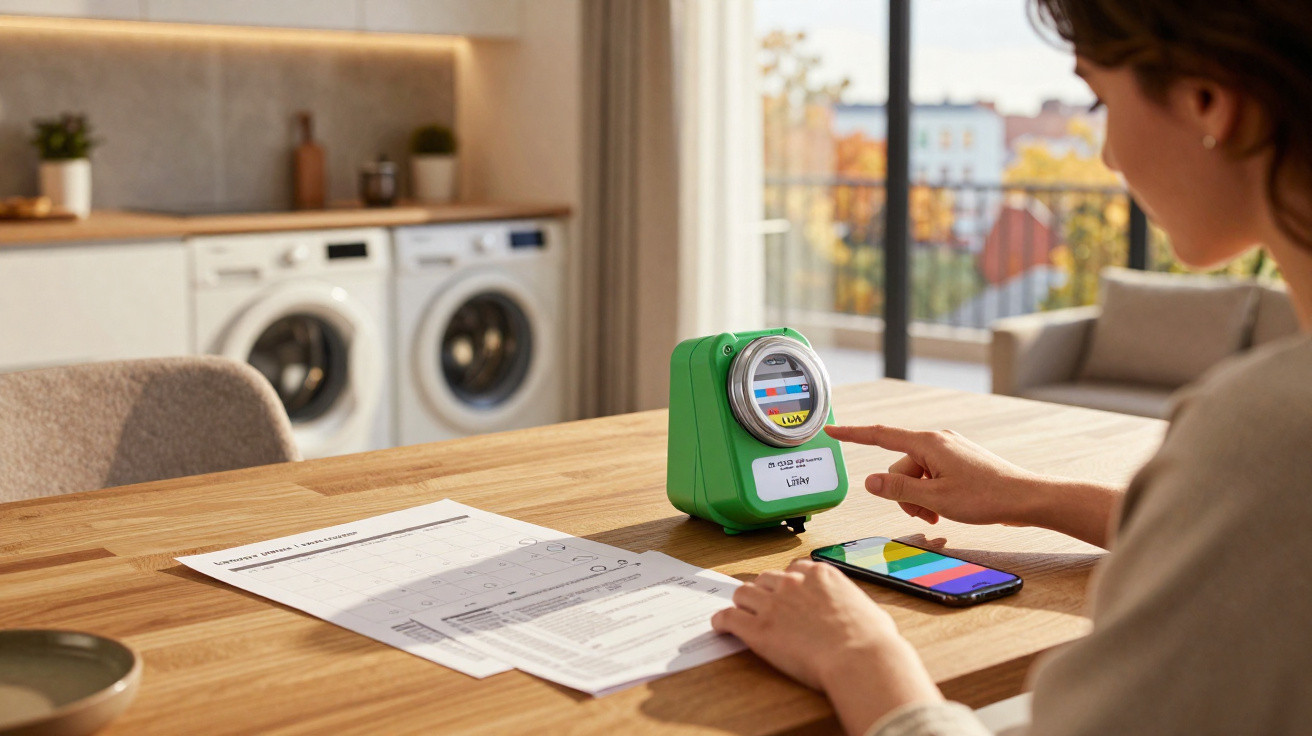 Frau bedient grünes Smart-Home-Gerät auf Tisch mit Smartphone und Papieren, Waschmaschine im Hintergrund.