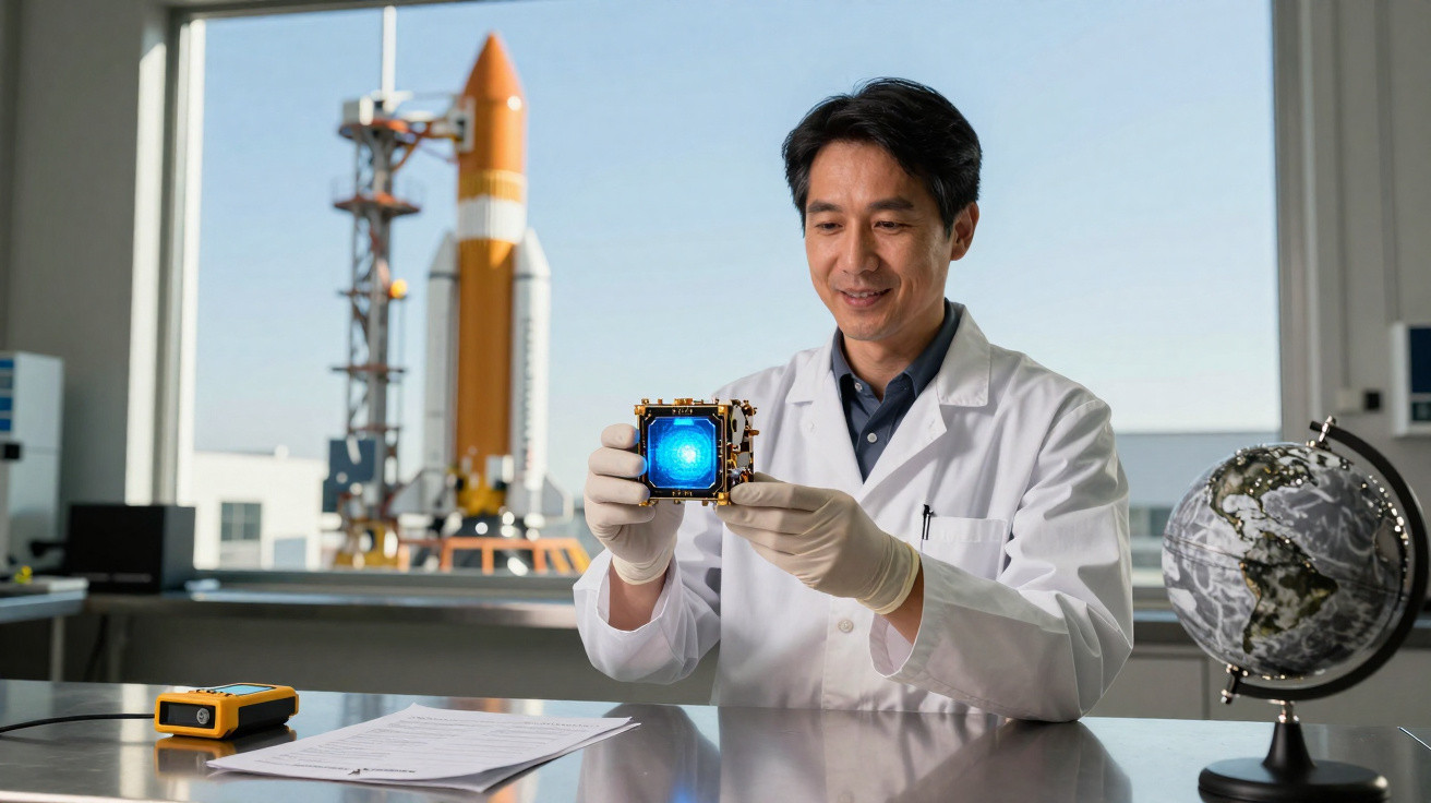 Wissenschaftler im Labor hält ein kleines Satellitenmodell, im Hintergrund ein Raketenmodell und eine Weltkugel.