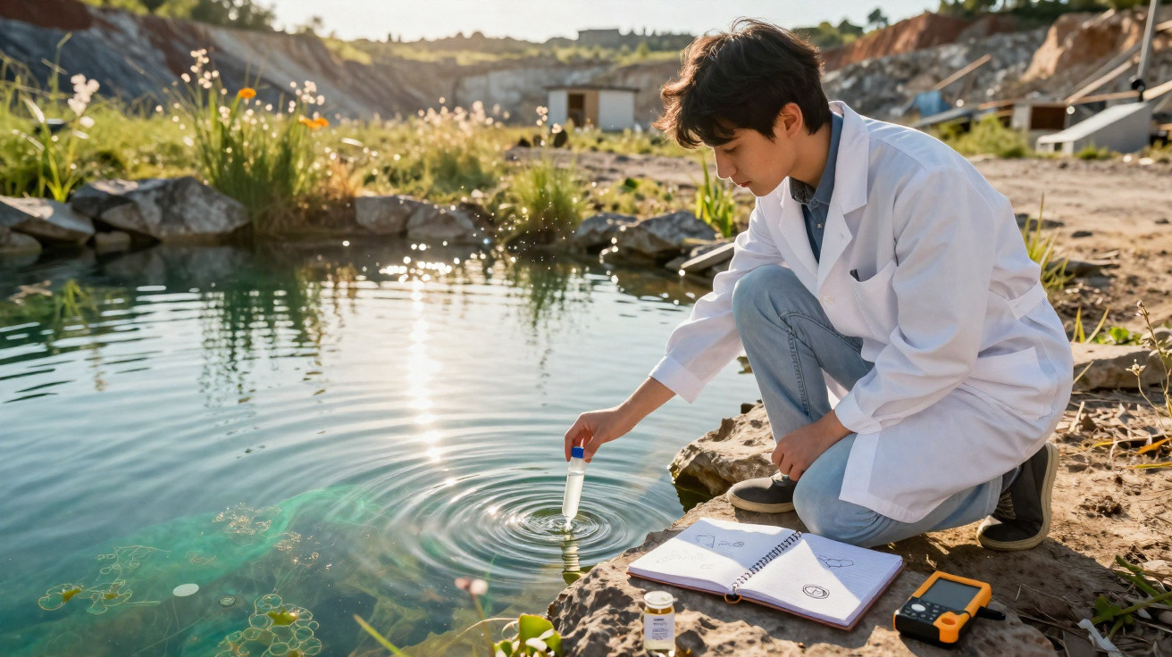 Wissenschaftler im weißen Kittel testet Wasserprobe in einem Teich, umgeben von Natur und Messgeräten.