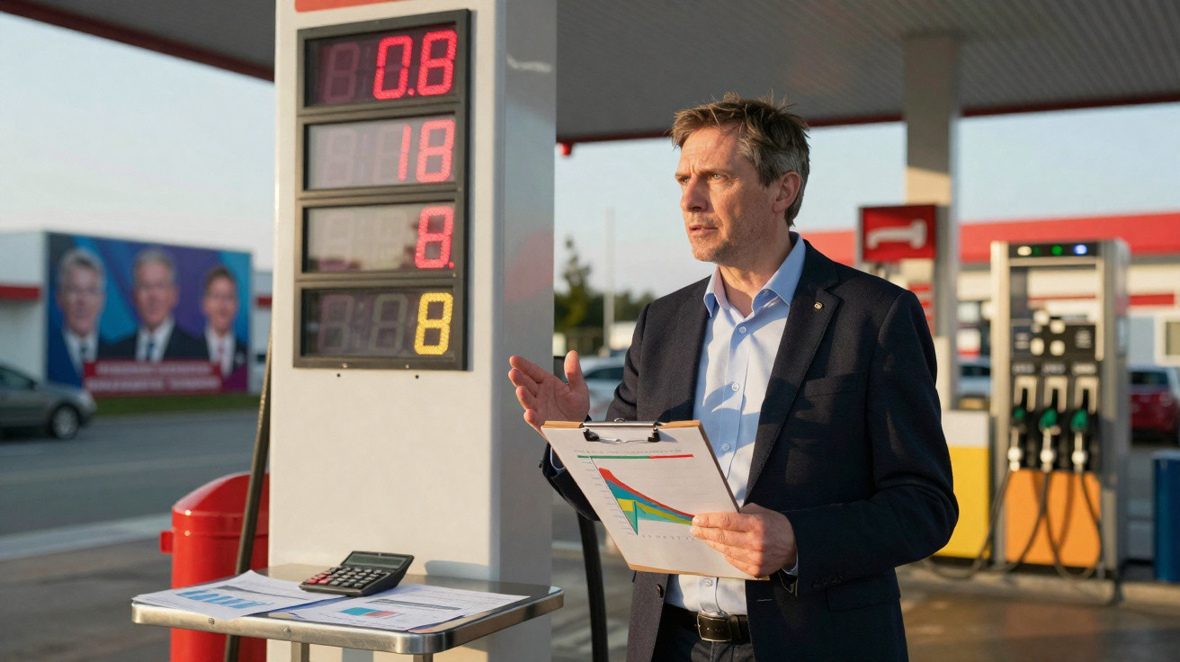 Mann mit Aktenmappe steht an Tankstelle neben Preisanzeige und Rechenmaschine bei Sonnenuntergang.