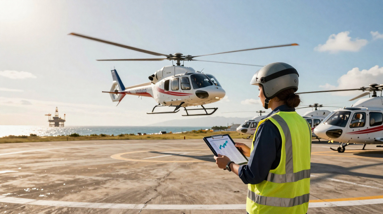 Frau mit Helm und Warnweste beobachtet startenden Hubschrauber auf Offshore-Helikopterlandeplatz bei Sonnenuntergang.