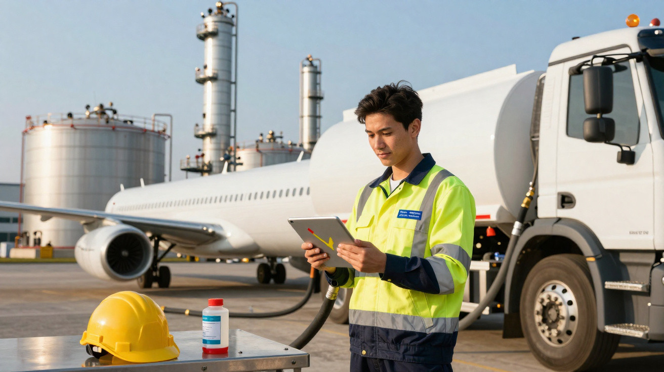 Mann in Warnweste bedient Tablet vor Flugzeug und Tanklastwagen an Flughafen mit Industrieanlage.