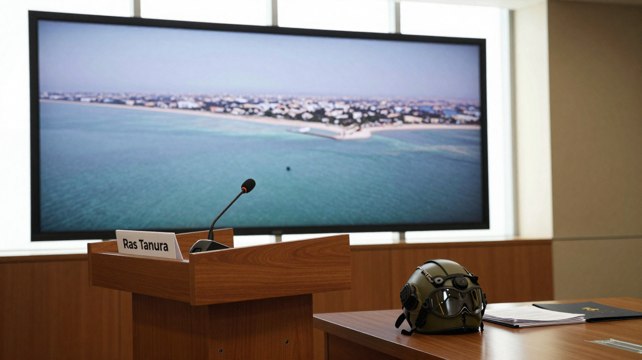 Leerer Rednerpult mit Mikrofon, Schild "Ras Tanura" und Helm vor großem Bildschirm mit Küstenansicht.