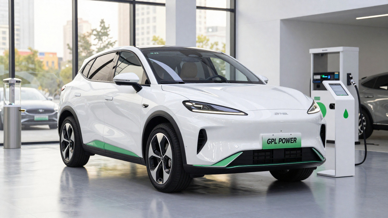 Weißes Elektroauto an Ladestation in modernem Showroom mit großen Fenstern und Tageslicht.