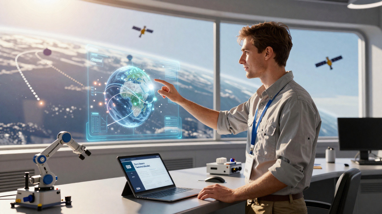 Mann im Kontrollraum bedient digitale Hologramm-Anzeige der Erde mit Satelliten im Weltallfenster.