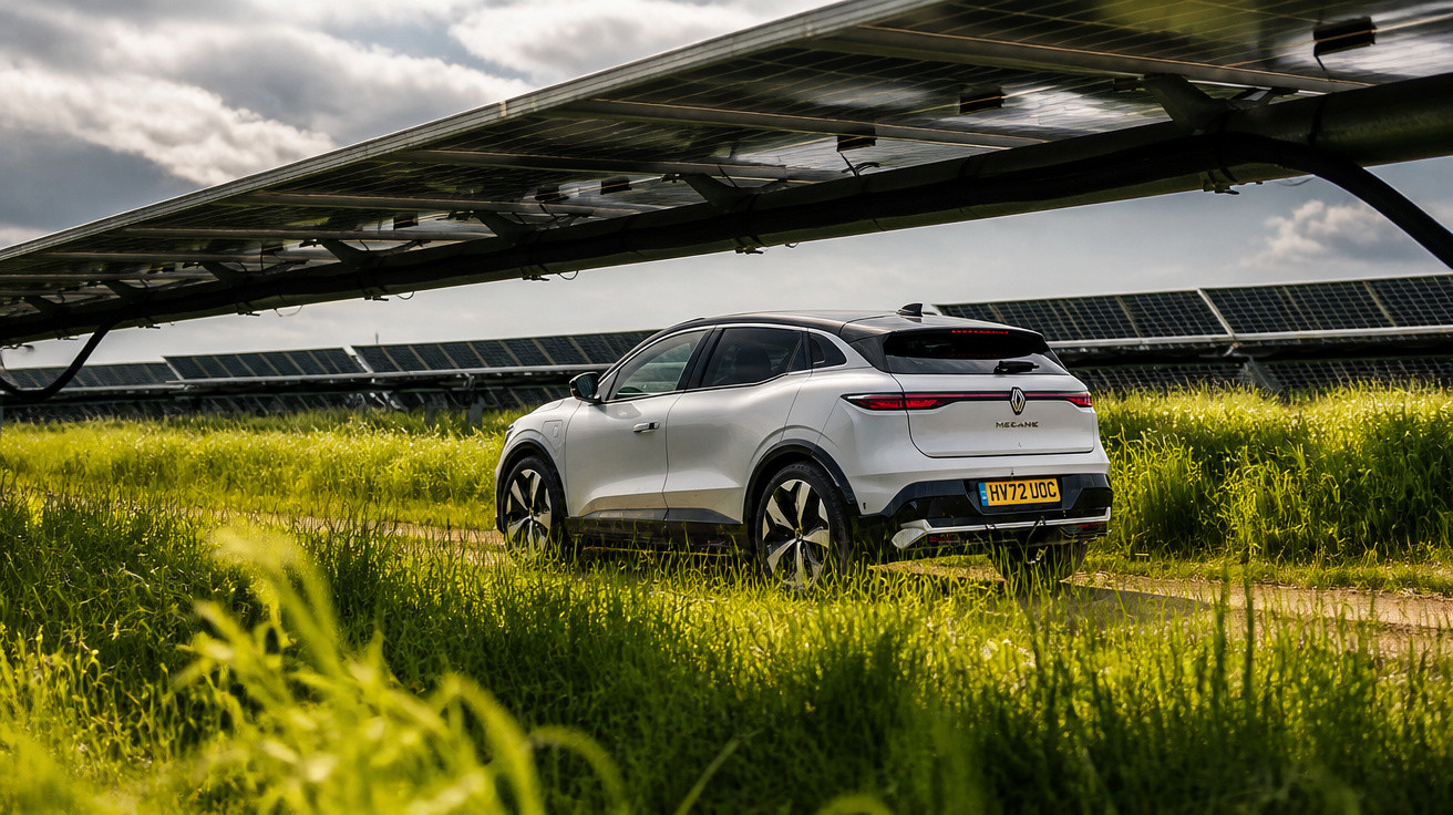 Weißes Elektroauto fährt auf Feldweg unter Solarpaneelen in grüner Landschaft bei bewölktem Himmel.