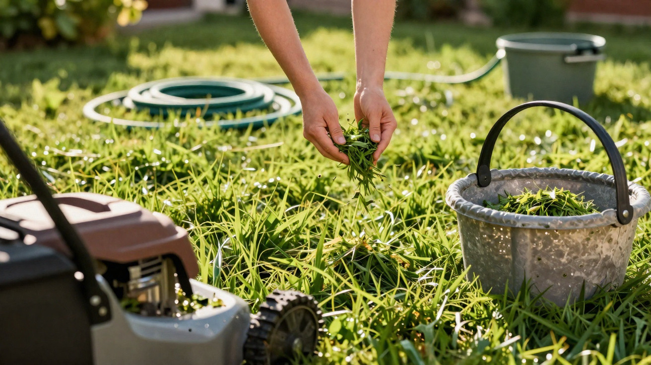 Person zupft mühselig Gras in einem sonnigen Garten mit Rasenmäher und Eimer voller Gras.