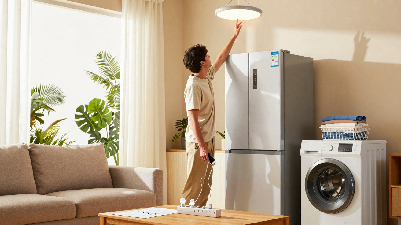 Mann schaltet Lampe in hellem Wohnzimmer mit Sofa, Kühlschrank und Waschmaschine ein.