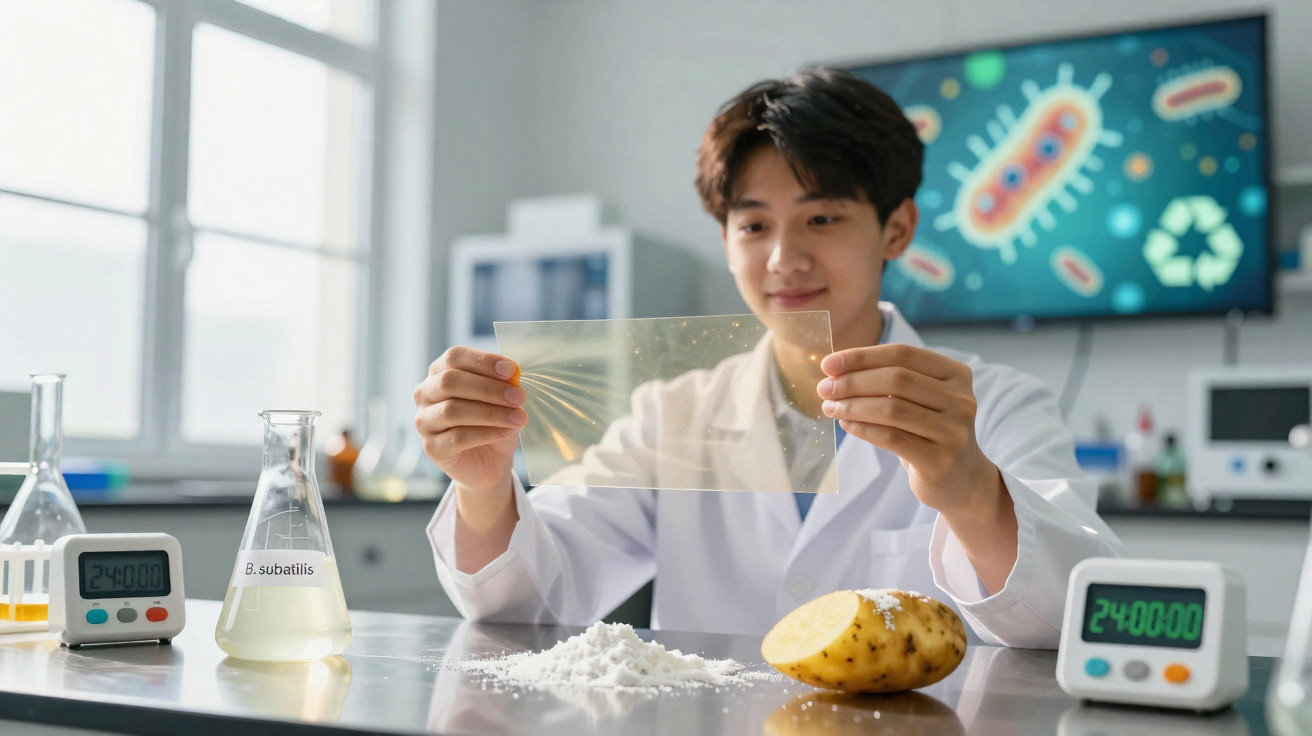 Junger Wissenschaftler im Labor untersucht eine durchsichtige Folie mit Kartoffelstärke vor Mikrobiologie-Bildschirm.