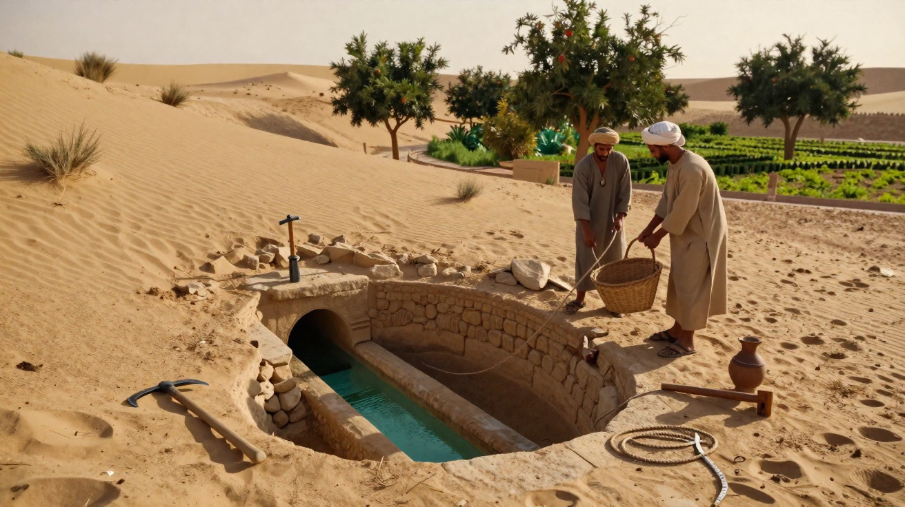 Zwei Männer holen Wasser aus einem traditionellen unterirdischen Bewässerungssystem in der Wüste.