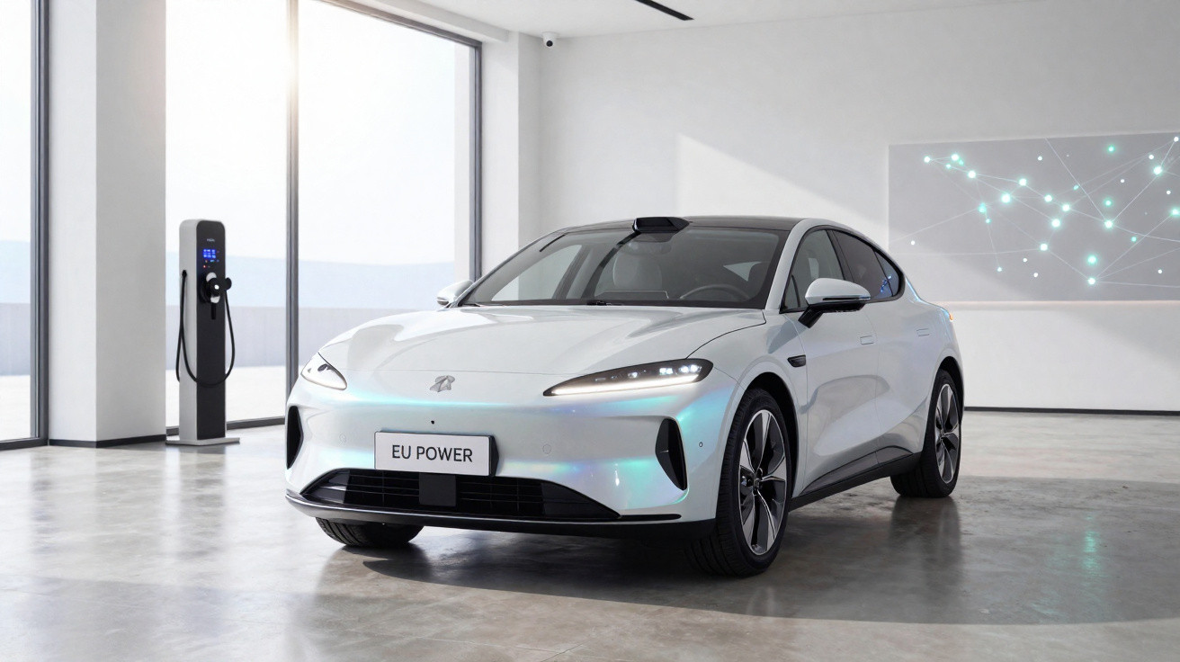 Weißes Elektroauto in modernem Raum neben Ladestation mit EU POWER Nummernschild.