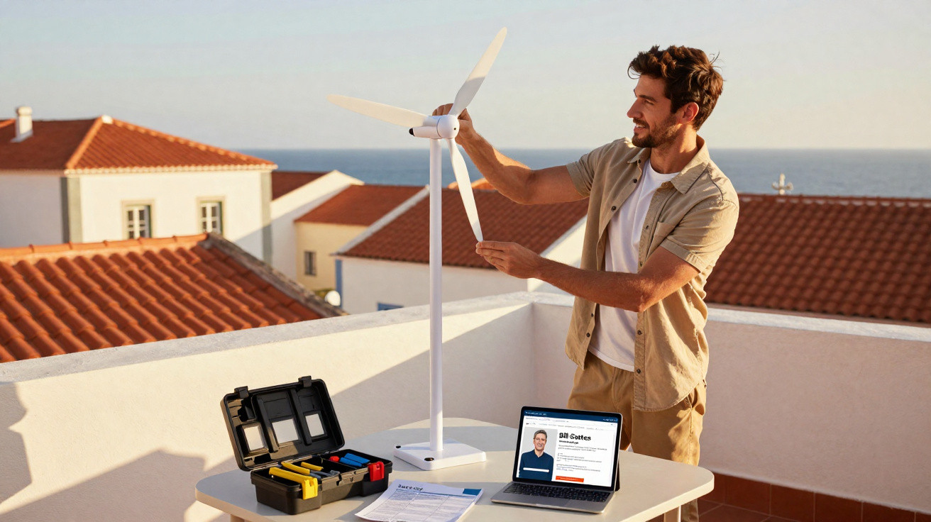 Mann stellt auf Dachterrasse ein Windrad-Modell auf, daneben Laptop, Werkzeugkiste und Unterlagen.