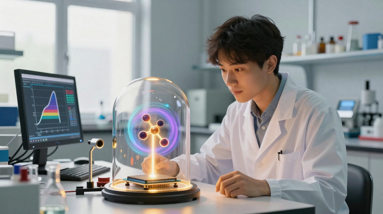 Junger Wissenschaftler untersucht holografisches Molekülmodell in modernem Labor mit Computer und Analysegraph.