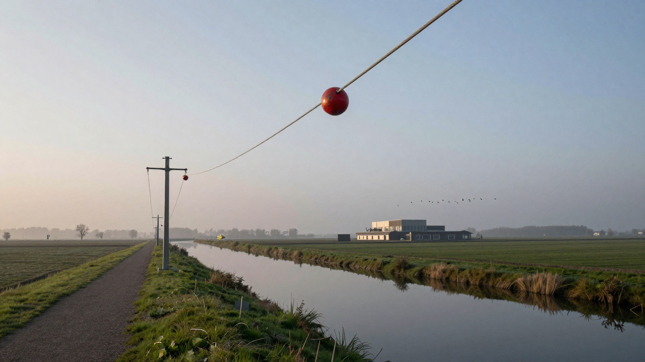 Fluss mit Weg und Strommasten im Morgennebel, rote Kugeln an der Stromleitung, Gebäude und Felder im Hintergrund.