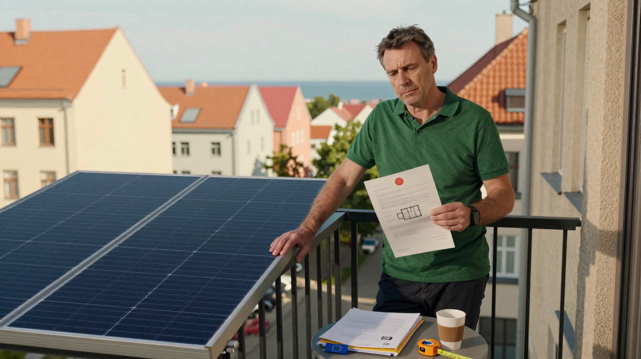Mann prüft Unterlagen auf Balkon neben Solarpanel mit Wohnhäusern im Hintergrund.