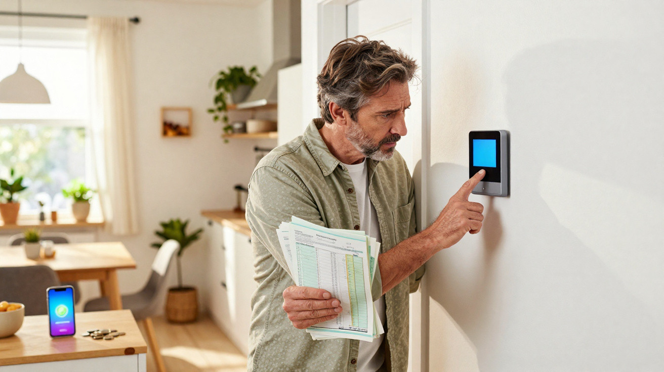 Mann hält Rechnungen und bedient ein blau beleuchtetes Thermostat an der Wand in heller Wohnung.