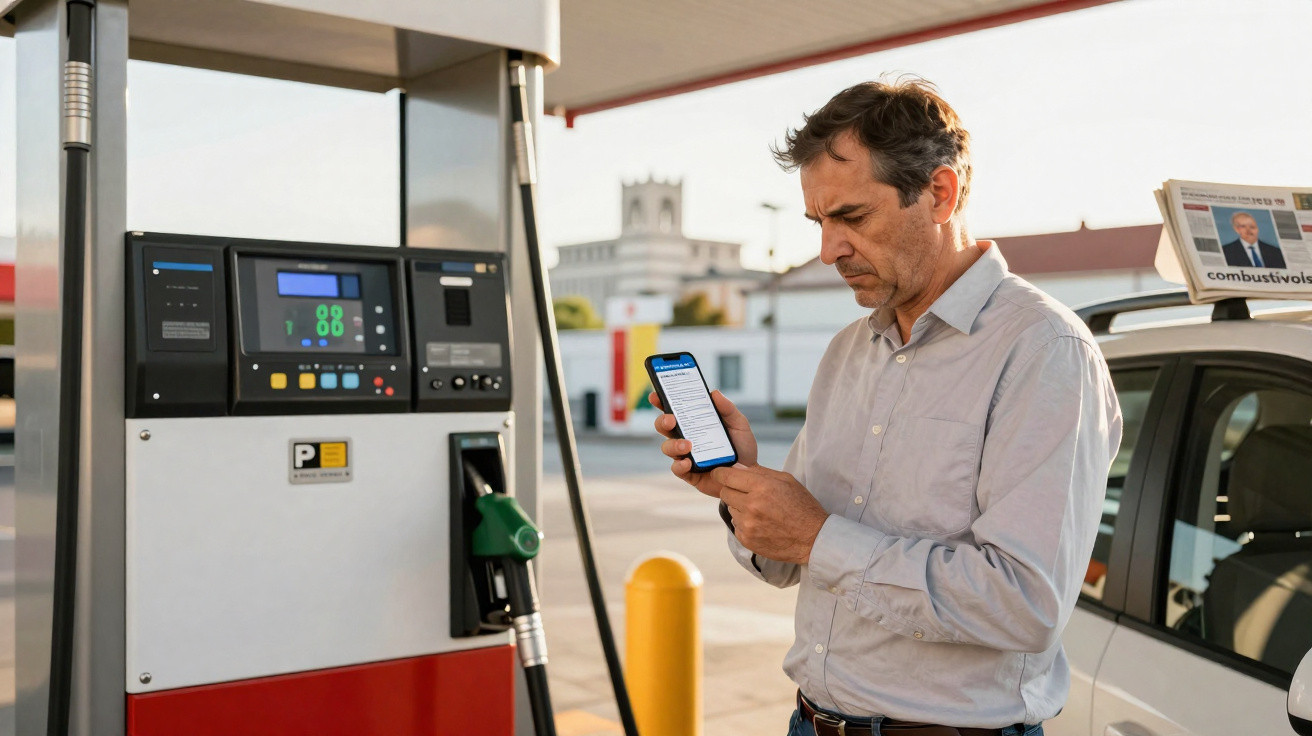 Mann an Zapfsäule einer Tankstelle, blickt konzentriert auf sein Smartphone neben geparktem Auto.