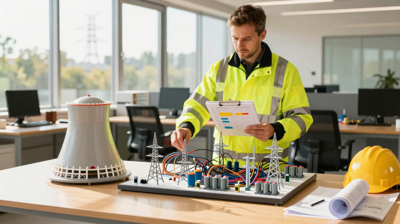 Ingenieur in Warnjacke prüft Plan und Modell einer Stromversorgung im Büro mit Helm und Blaupause.