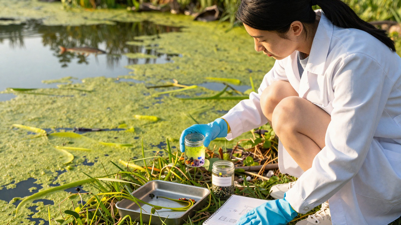 Wissenschaftlerin im weißen Kittel entnimmt Wasserprobe aus Teich zur Analyse in Laborumgebung am Ufer.
