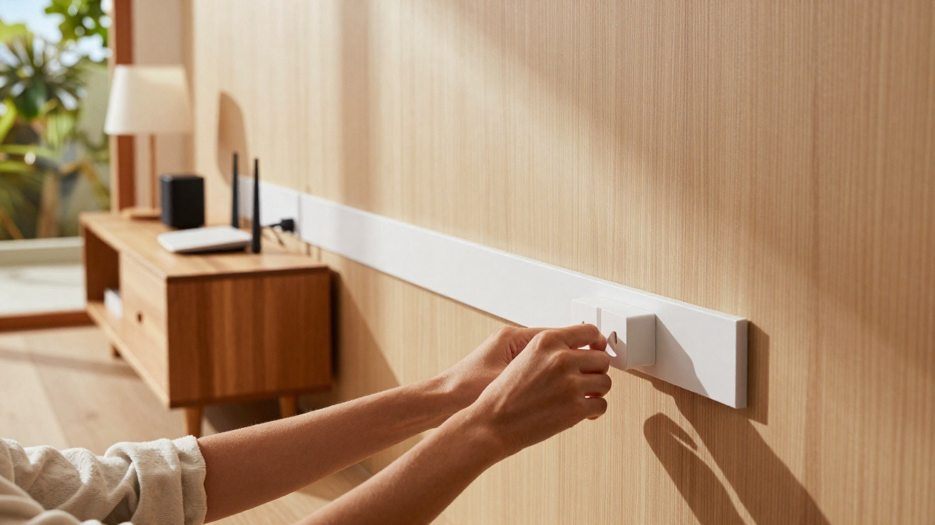 Person steckt Smart-Home-Stecker in Steckdose an hellholzfarbener Wand mit Sideboard im Hintergrund