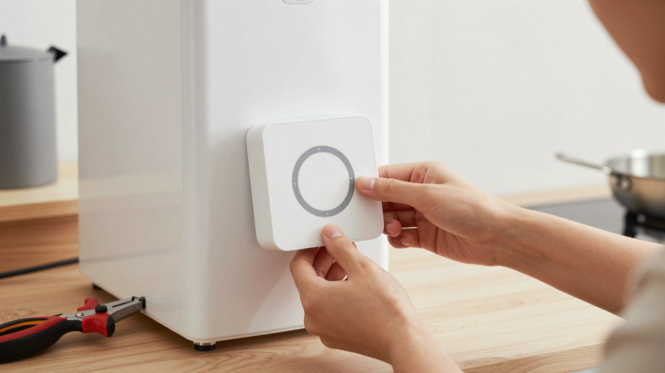 Person bringt ein weißes, quadratisches Smart-Home-Gerät an der Seite eines weißen Geräts an.