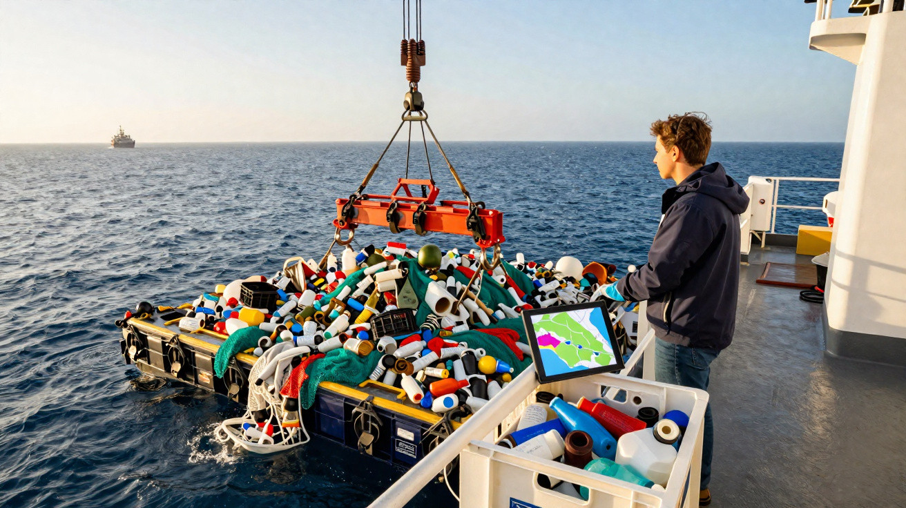 Mann auf Schiff beobachtet Kran, der große Menge Plastikmüll aus dem Meer hebt.