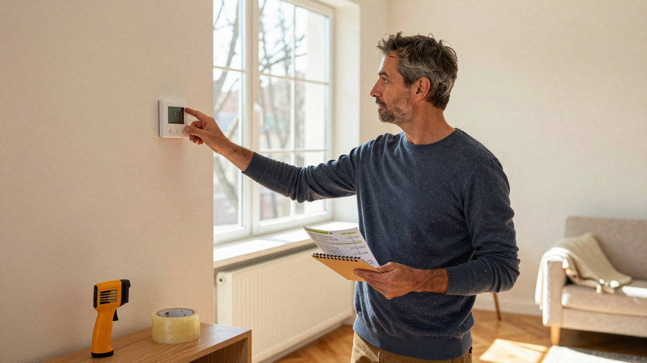 Mann stellt Thermostat in hellem Wohnzimmer ein, hält Notizen und steht neben Fenster und Sofa.