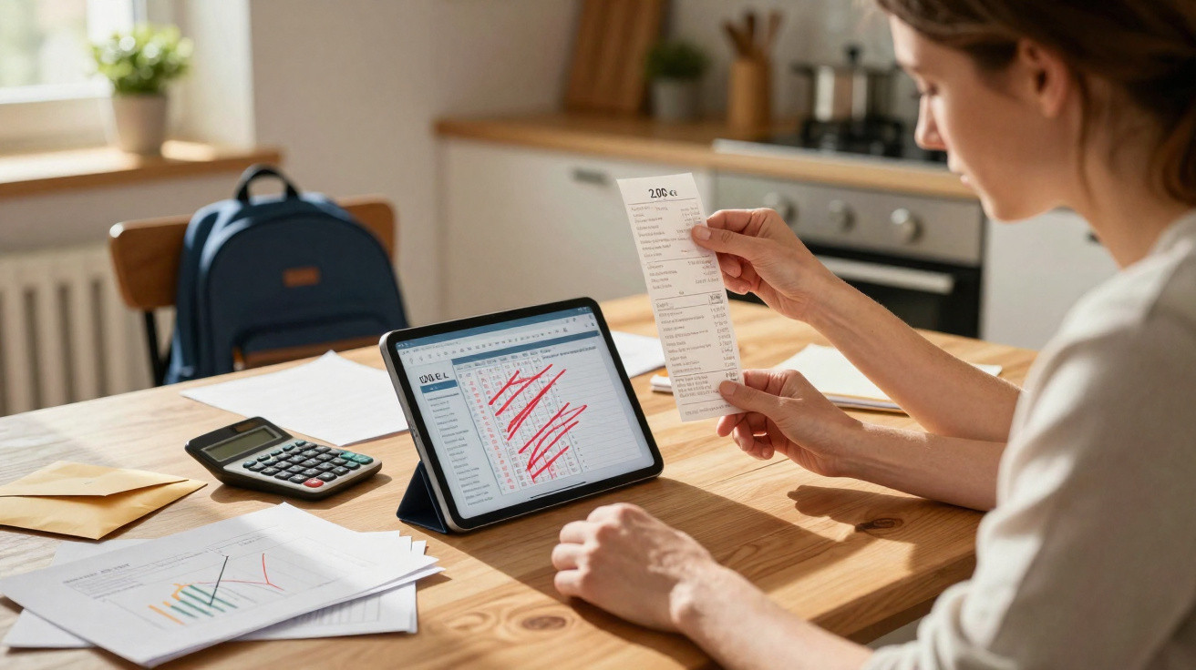 Frau überprüft Quittung am Tisch mit Tablet, Taschenrechner und Unterlagen in heller Küche.
