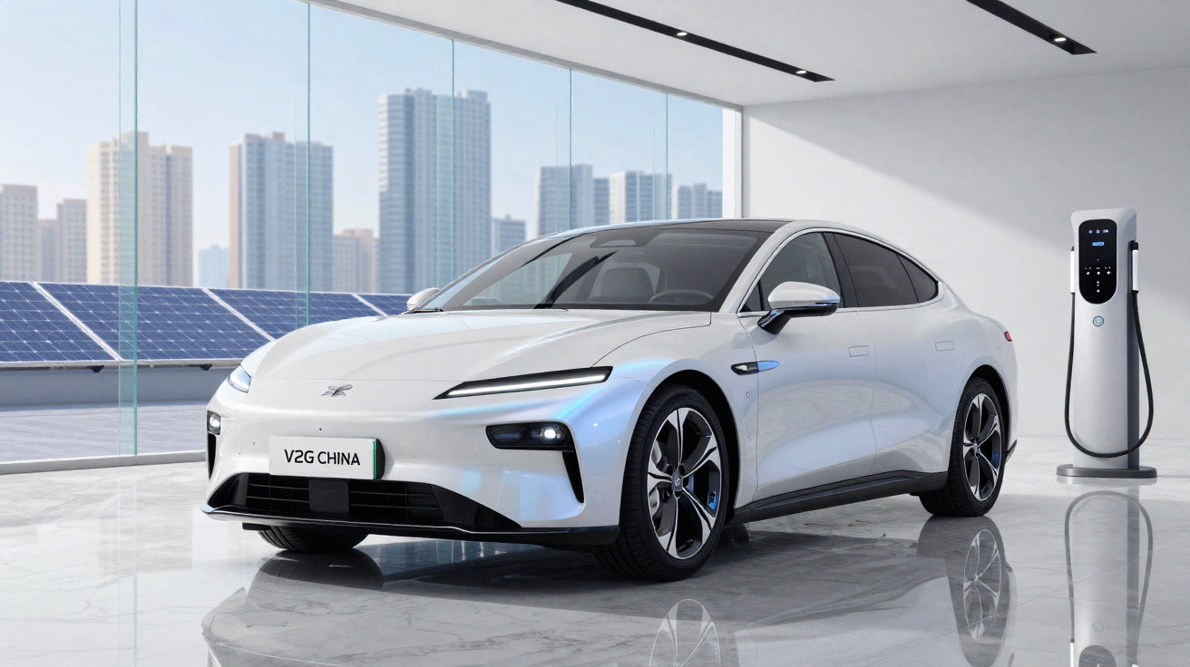Weißes Elektroauto neben Ladestation in modernem Raum mit großen Fenstern und Solarpaneelen draußen.