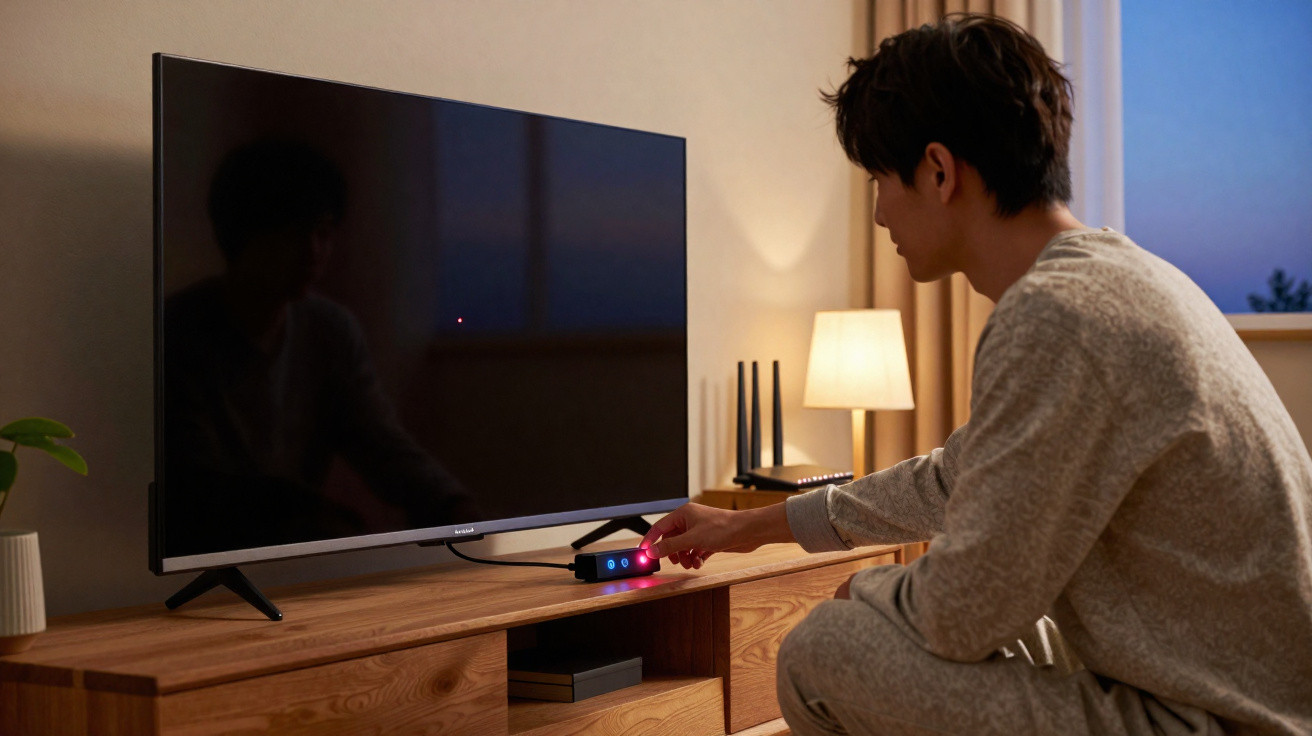 Mann bedient kleines Gerät vor ausgeschaltetem Fernseher in gemütlichem Wohnzimmer bei Abendlicht.