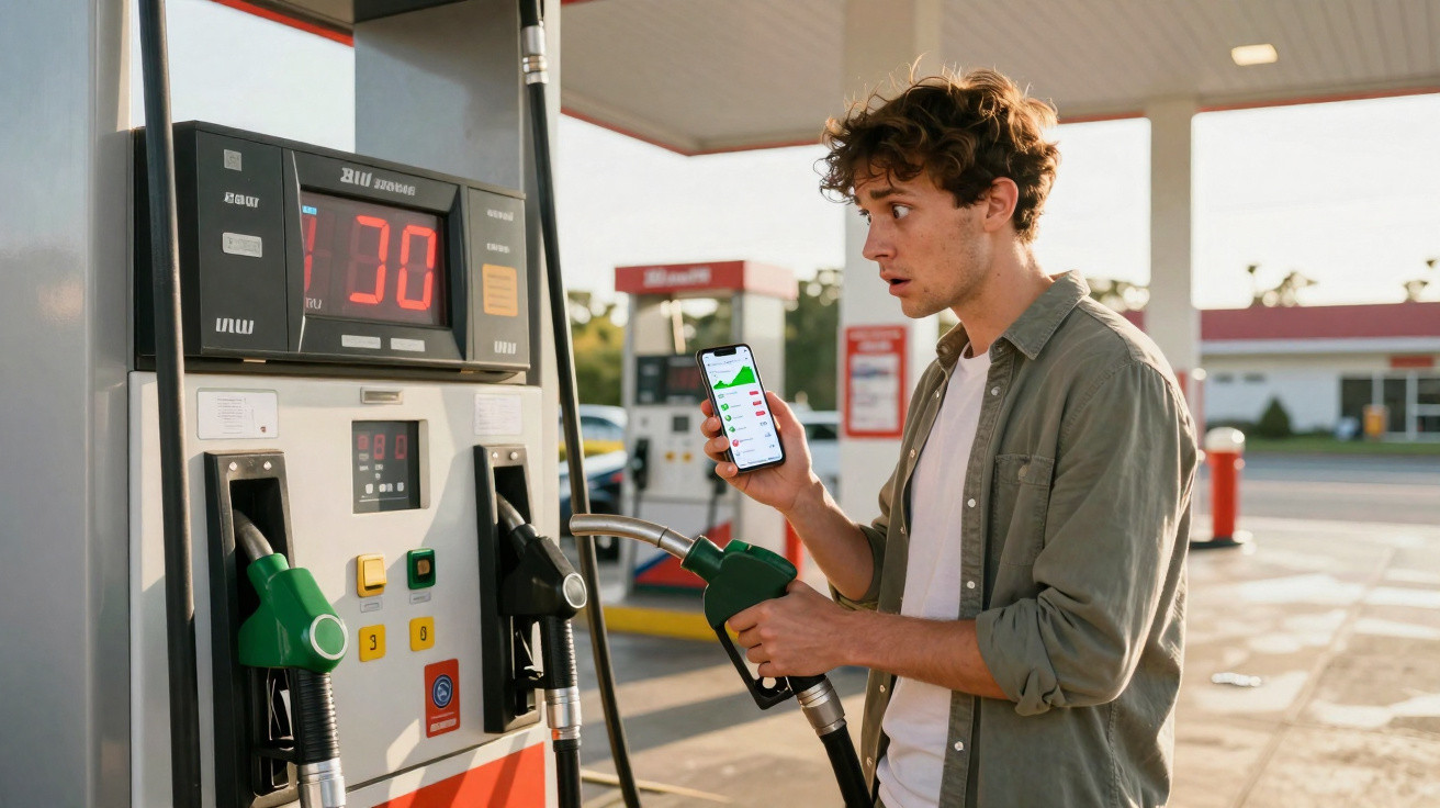Junger Mann an Tankstelle hält Zapfpistole und Smartphone mit App in der Hand.
