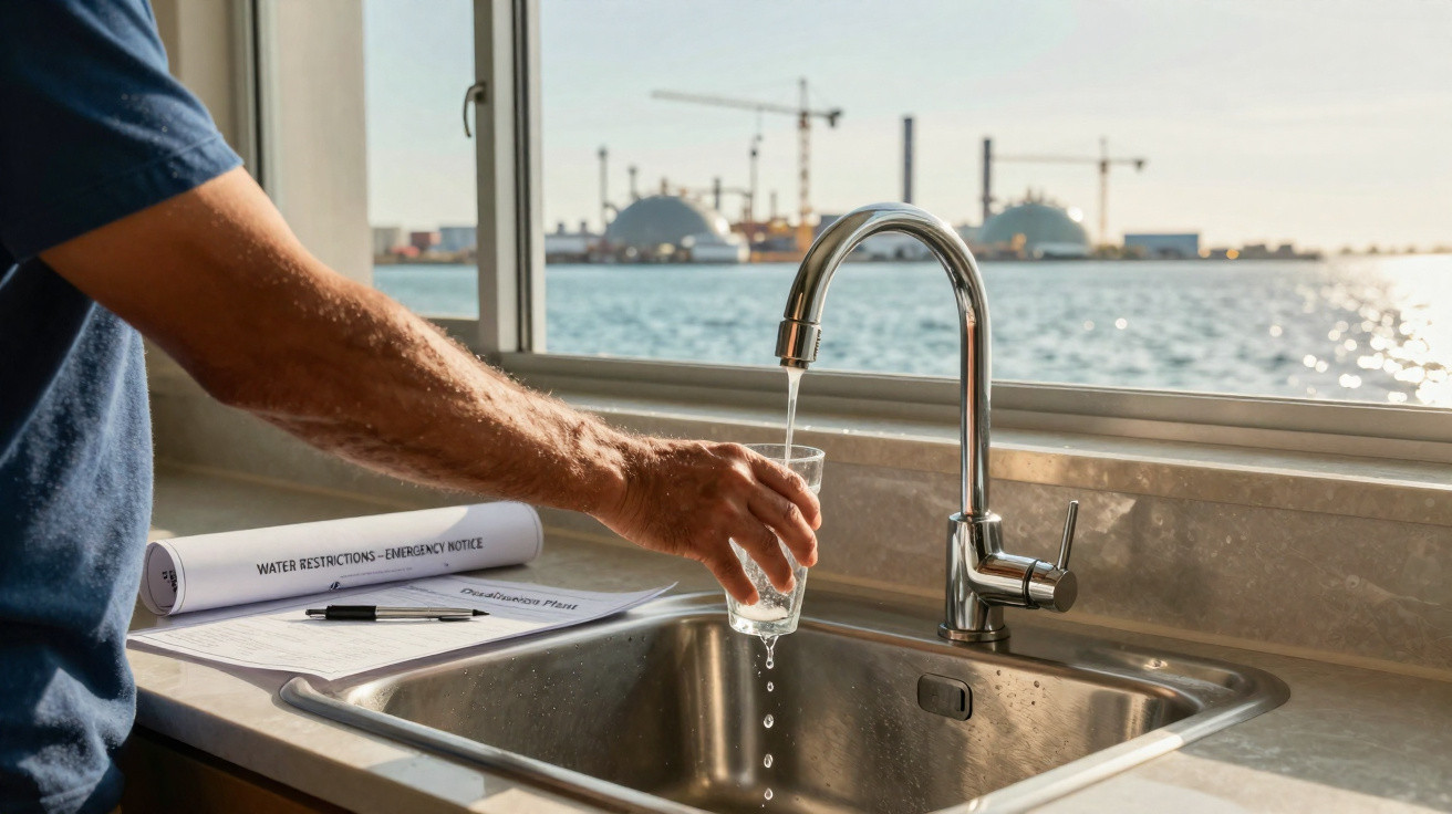 Mann füllt Glas am Wasserhahn in Küche mit Blick auf Industrieanlage und Wasser im Hintergrund.