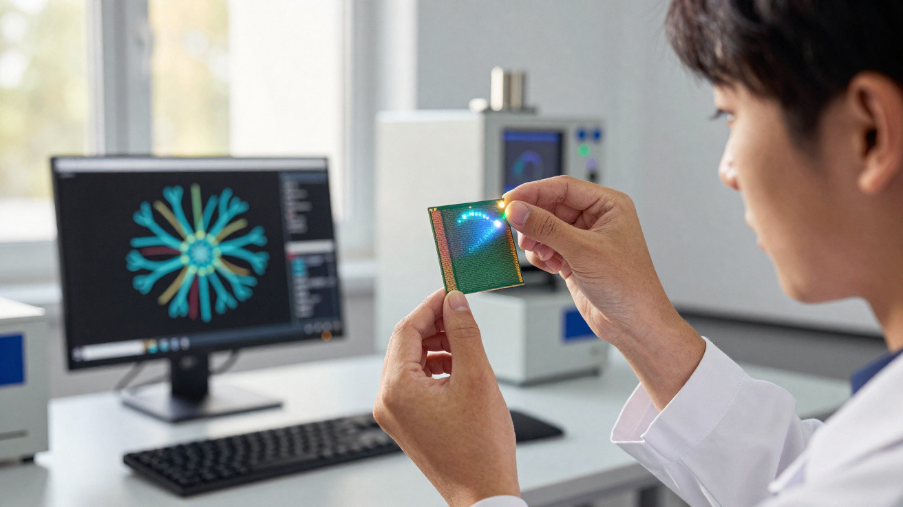 Wissenschaftler hält leuchtendes Microchip-Modul vor Computerbildschirm mit farbiger Datenvisualisierung.