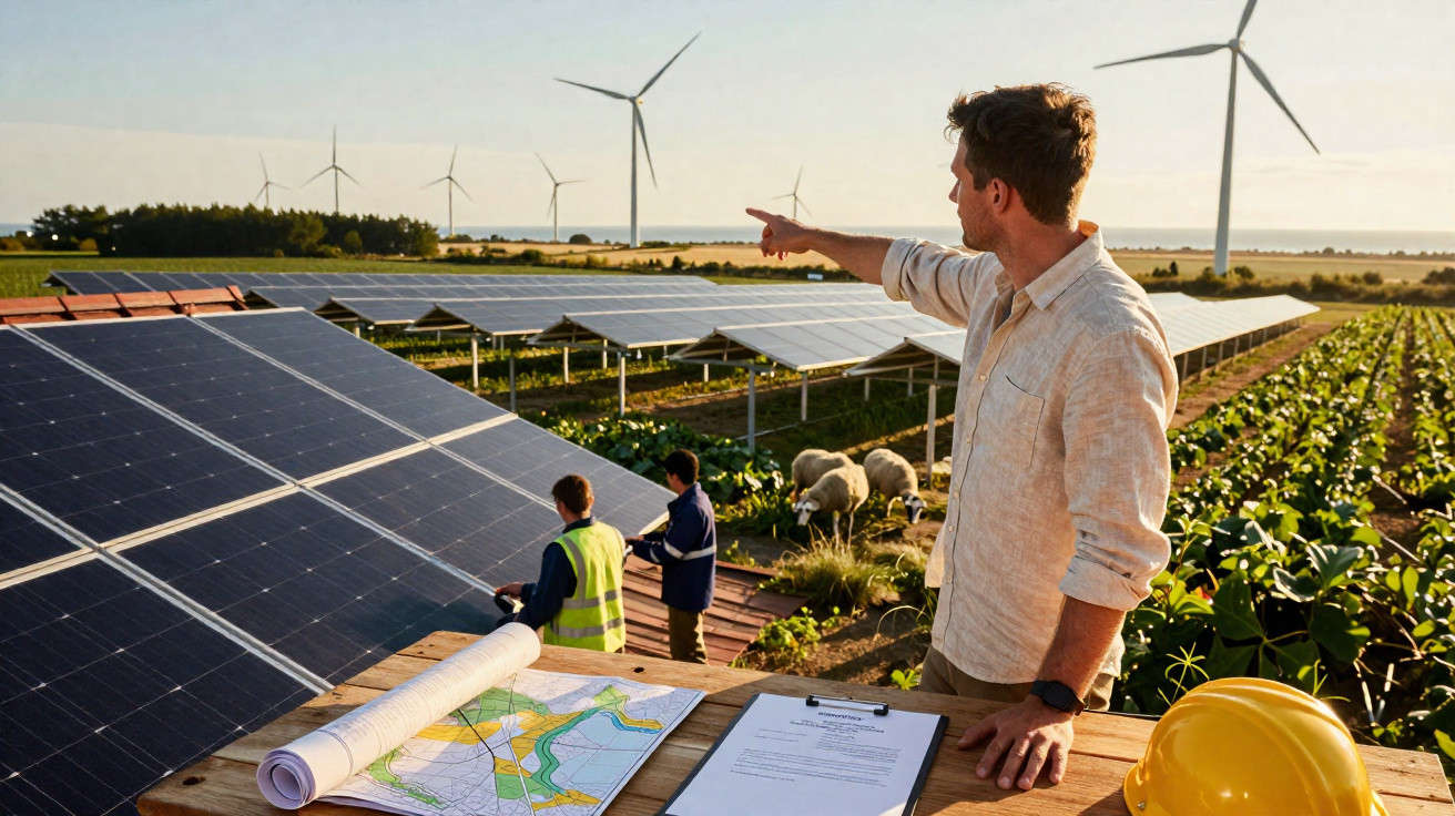 Mann zeigt auf Solarpanels und Windräder auf Feldern, Arbeiter prüfen Anlagen, Bauhelm liegt auf Tisch.